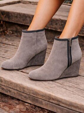 Lanvin Taupe Brown Cord Accent Suede Zip Wedge Ankle Boots, Size 37 (US 6)